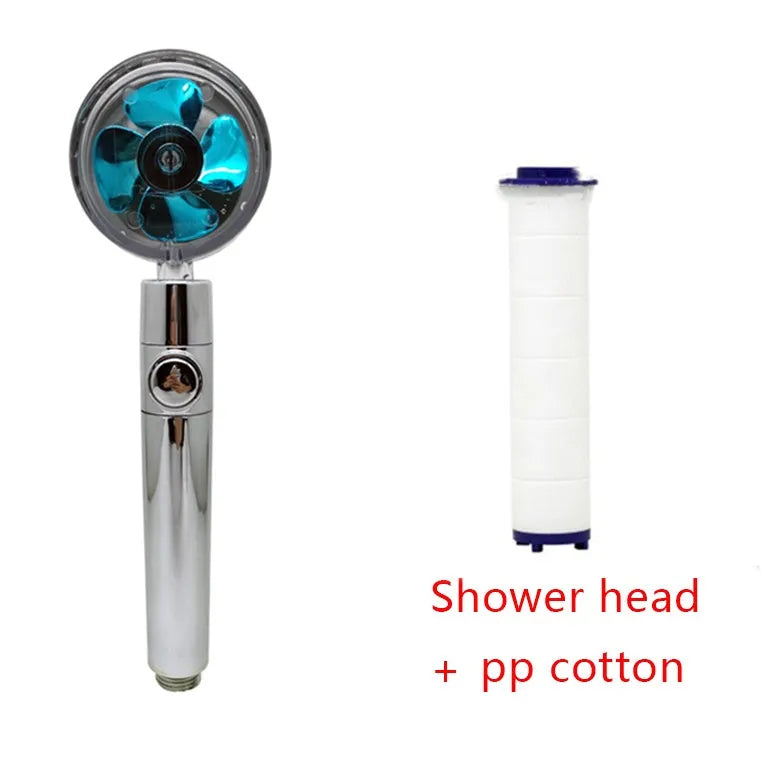 Chrome-finished ABS plastic water-saving shower head with a round, rotating spray head.