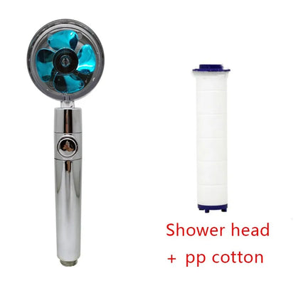 Chrome-finished ABS plastic water-saving shower head with a round, rotating spray head.