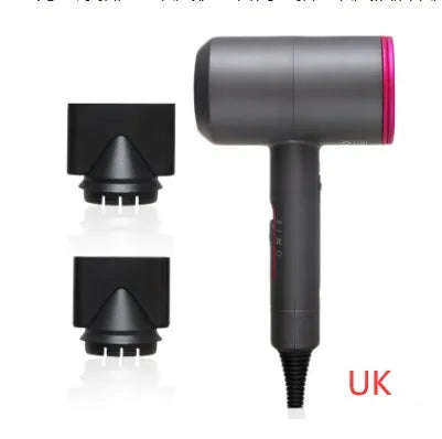 Black hotel hair dryer with 2.5m cable, concentrator nozzle, and multiple international plug adapters