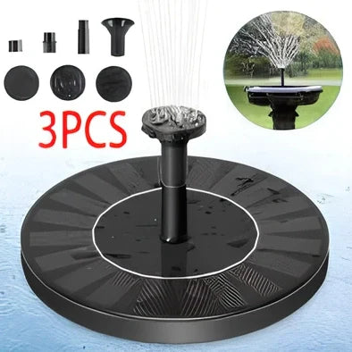 Black solar fountain with water spray in garden pond showing 55cm height and four nozzle options