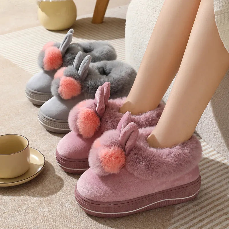 Winter high heel slippers with plush upper and textured non-slip TPR sole in grey.