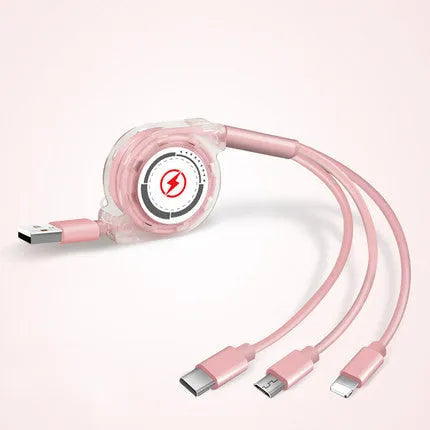 Black telescopic 3-in-1 charging cable extended to full 120cm length, showing three connector tips.