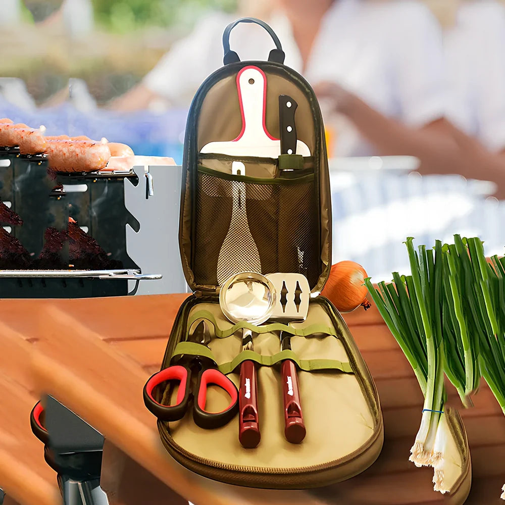 8-piece camp kitchen cooking utensil set with stainless steel tools in Oxford fabric storage bag