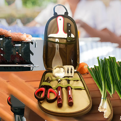 8-piece camp kitchen cooking utensil set with stainless steel tools in Oxford fabric storage bag