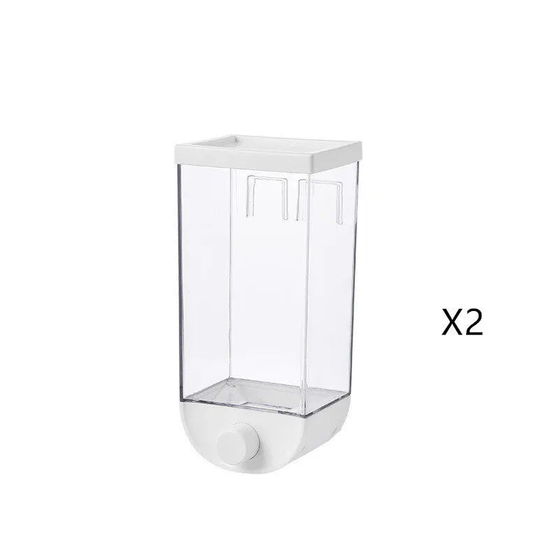 White wall mounted transparent food storage container with easy press cereal dispenser mechanism