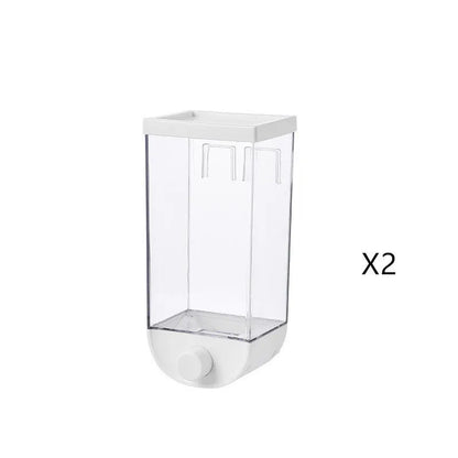 White wall mounted transparent food storage container with easy press cereal dispenser mechanism