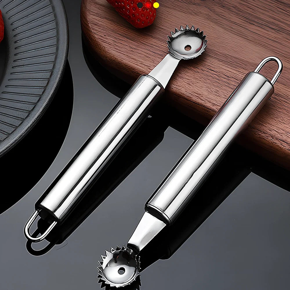Stainless steel strawberry stem remover tool with 15cm length and 1.5cm coring tip