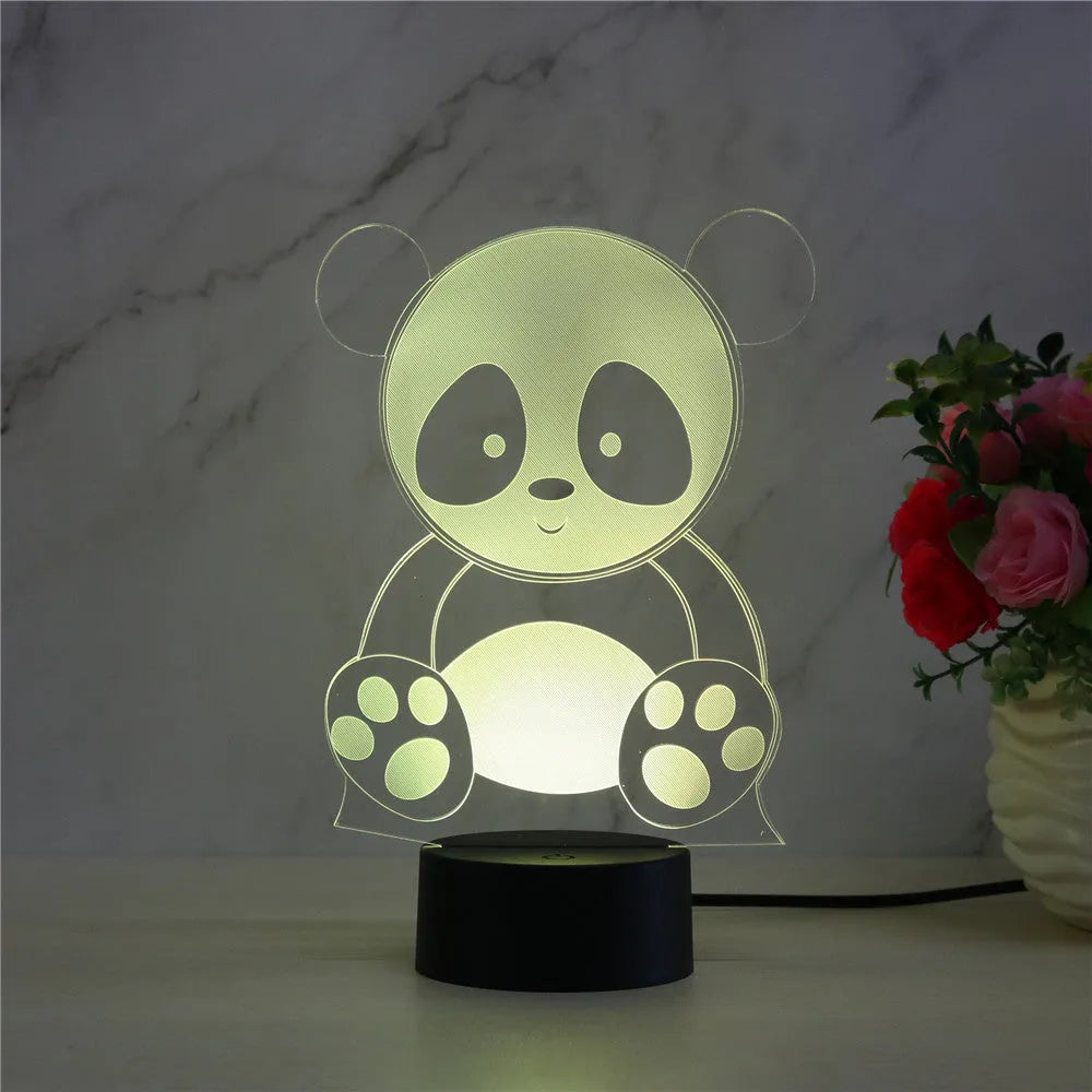 Panda decorative LED night light with remote control showing seven colour options on acrylic panel.