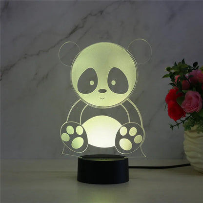 Panda decorative LED night light with remote control showing seven colour options on acrylic panel.