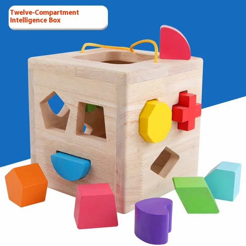 Wooden geometric shape matching building blocks with intelligence boxes for infants educational toy