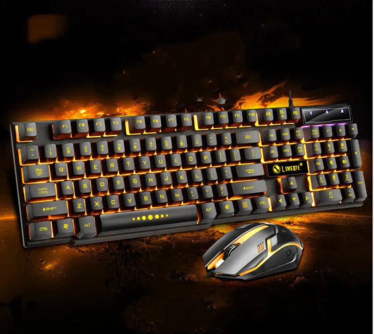 Limei Gtx300 keyboard and mouse set in black with orange glow backlight on desktop