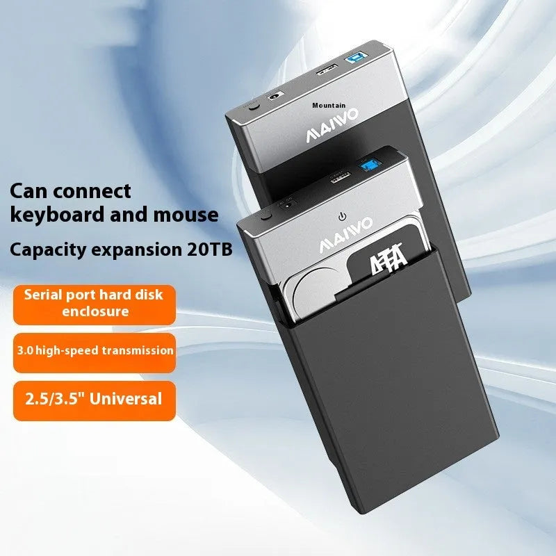 Black and silver 3.5-inch SATA hard disk enclosure with slide-open cover, USB 3.0 cable, and power adapter.