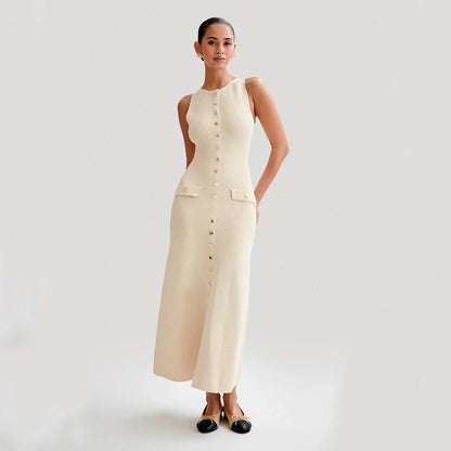 Elegant sleeveless knit dress in various colors, including almond and blue, with a slim, figure-flattering silhouette and round neckline