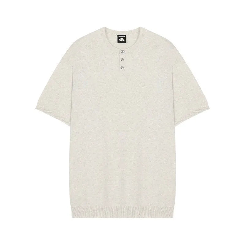 Men's slim-fit black ice silk knitted short-sleeve shirt laid flat.