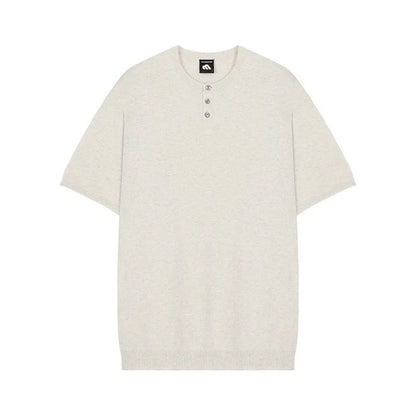 Men's slim-fit black ice silk knitted short-sleeve shirt laid flat.