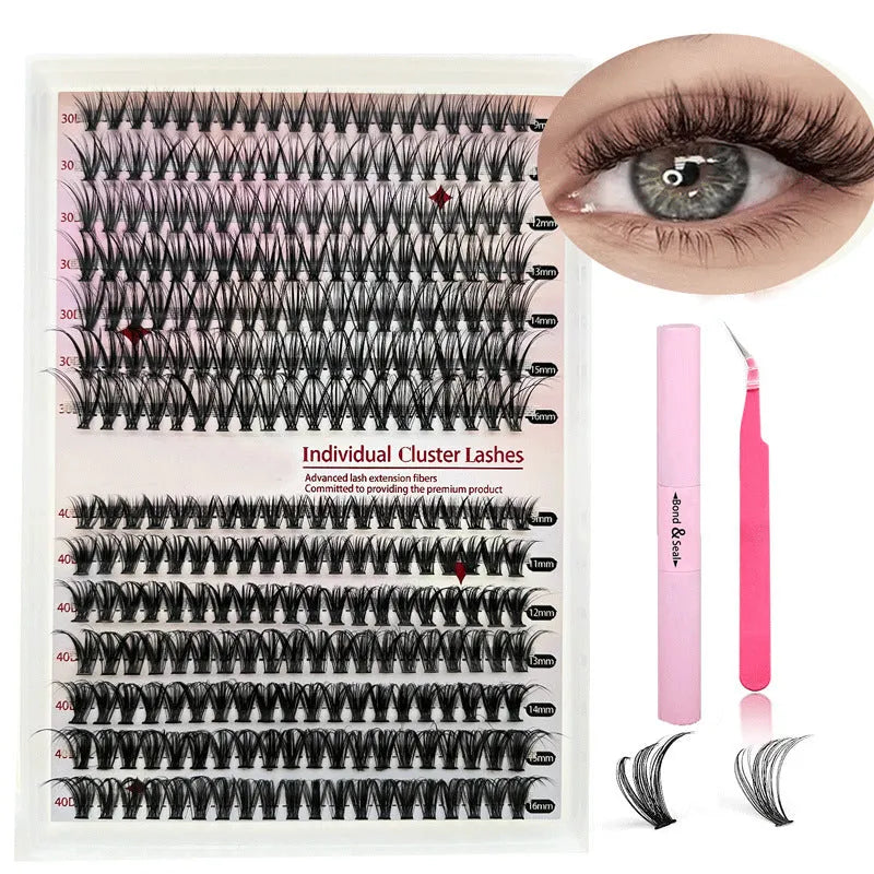 DIY cluster false eyelashes mixed package showing boxes of 30D and 40D lashes with tweezers