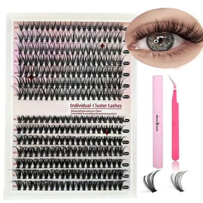 DIY cluster false eyelashes mixed package showing boxes of 30D and 40D lashes with tweezers
