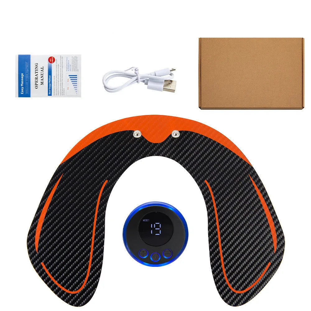 Compact EMS muscle stimulator unit with remote control and gel pads for abdominal and buttock toning.