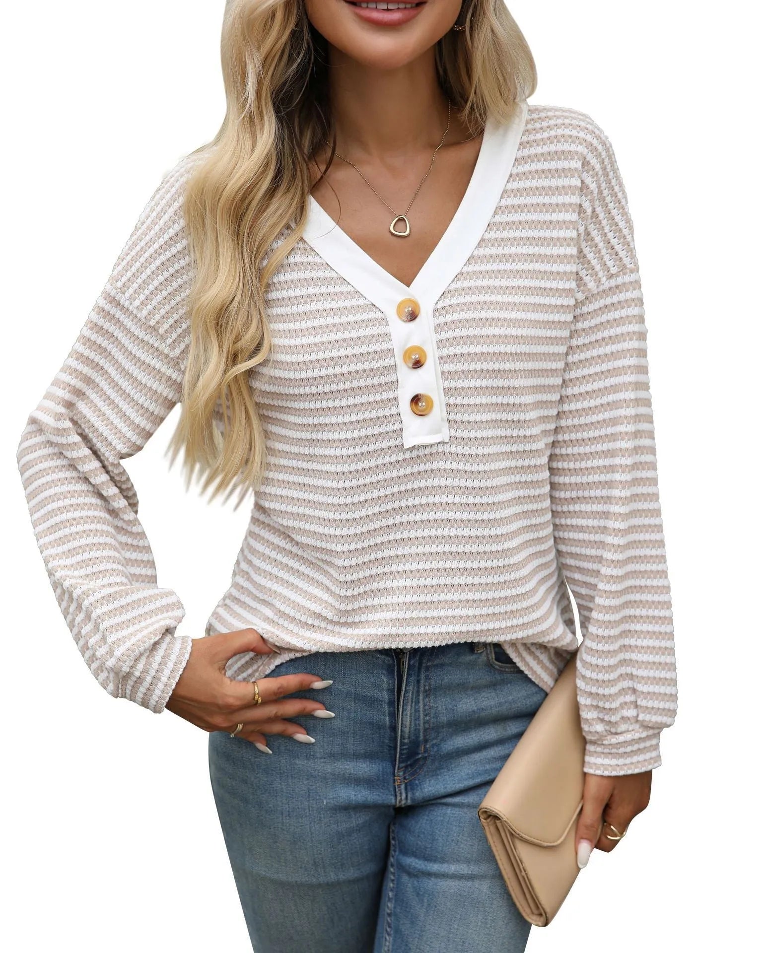 Women's loose fit V-neck patchwork pullover top in polyester knit fabric