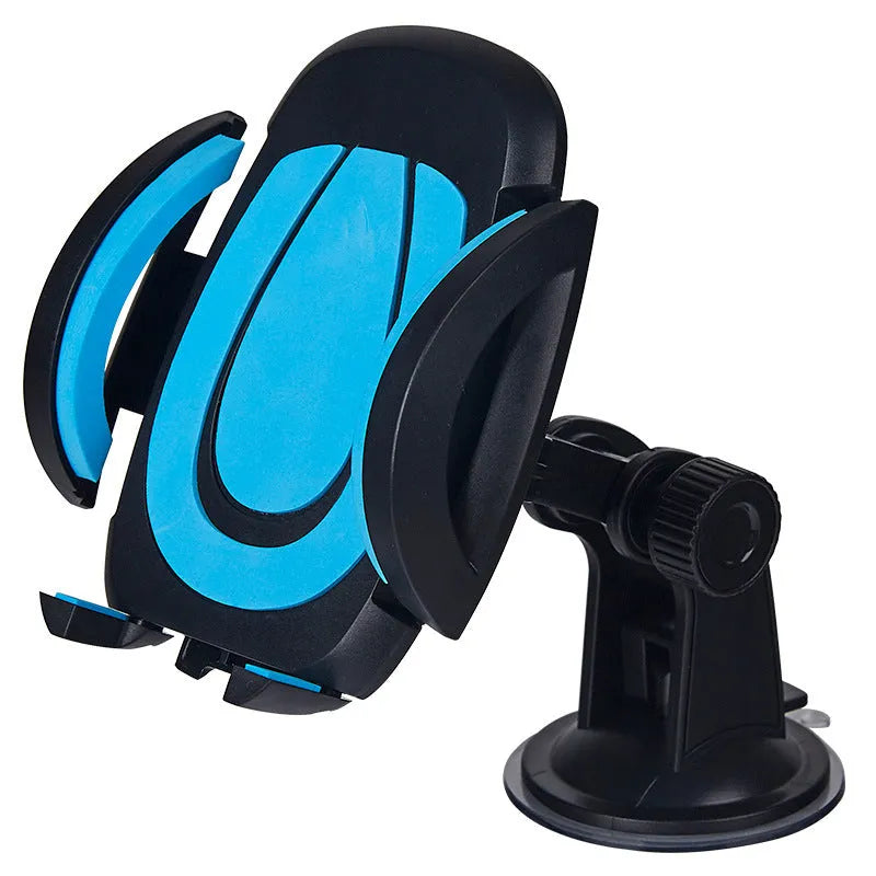 Red U-shaped mobile phone bracket with suction cup and clamp for car or table mounting