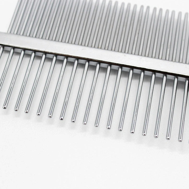 Red double-row pet grooming comb with stainless steel teeth and plastic handle showing sparse and dense sides