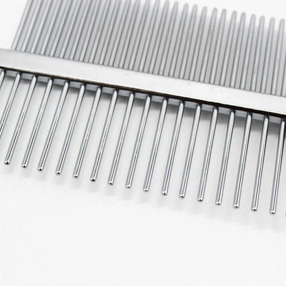 Red double-row pet grooming comb with stainless steel teeth and plastic handle showing sparse and dense sides