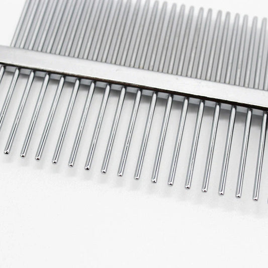 Red double-row pet grooming comb with stainless steel teeth and plastic handle showing sparse and dense sides