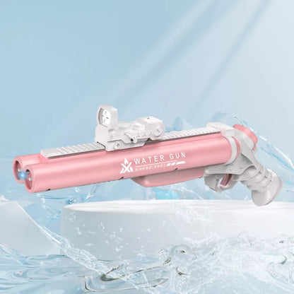 Double-shot hole electric water gun toy for teenagers in blue, pink, and black