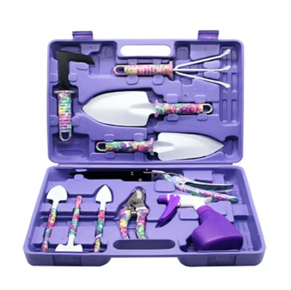 Purple-handled 10-piece rust-proof gardening tool set with sandblasted finish for soil work