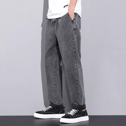 Men's summer loose wide-leg jeans with drawstring elastic waist in various colors