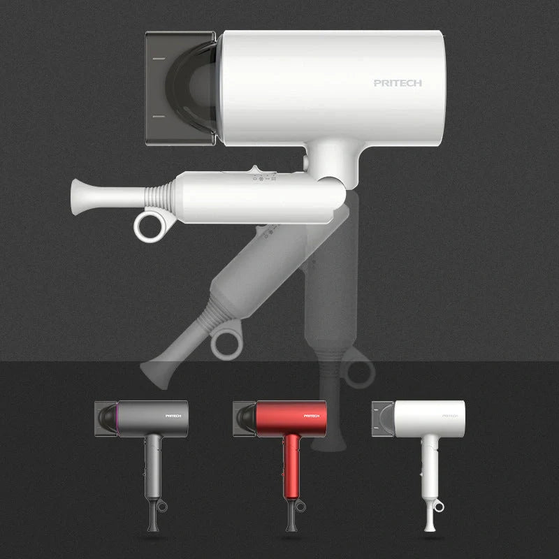 Mini hair dryer with diffuser in grey, red, or white, compact and portable for travel