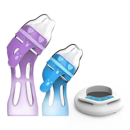 Glass baby bottle with temperature-sensitive silicone sleeve and USB milk warmer for safe, natural feeding