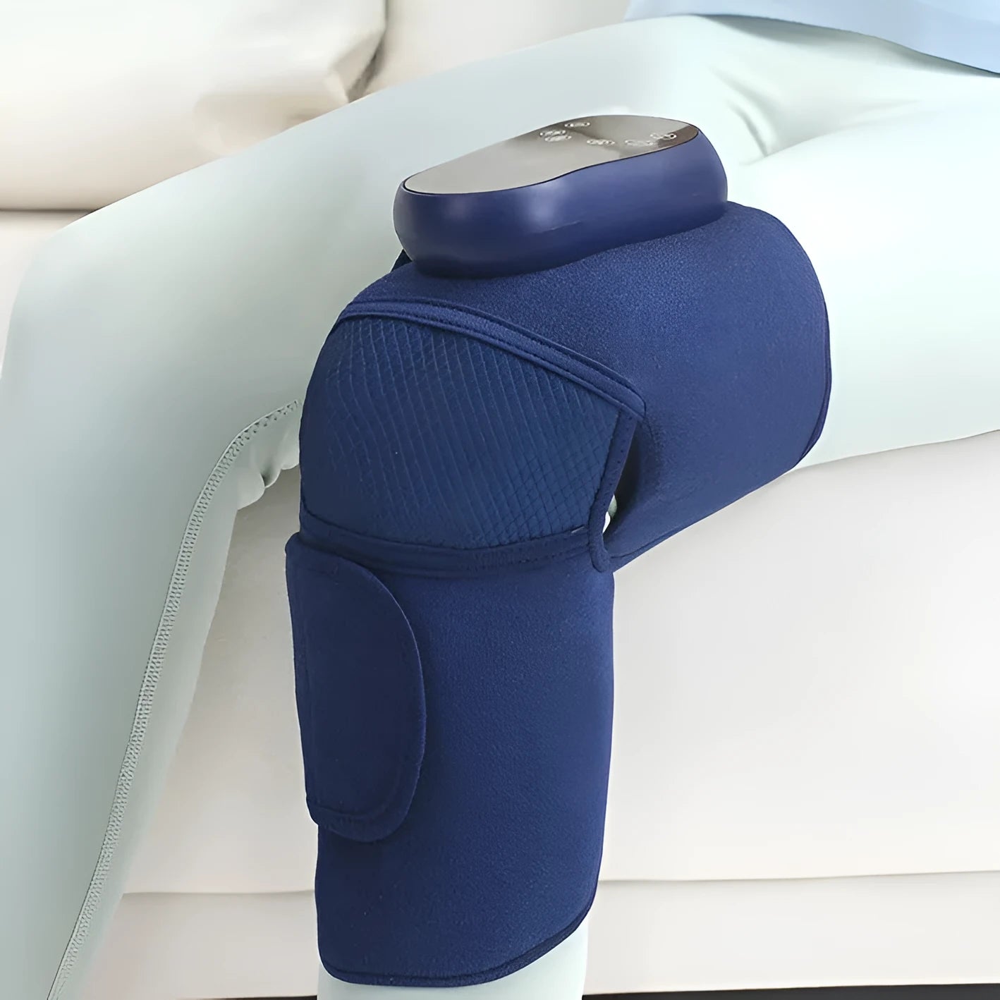 Blue self-heating knee massager with hot compress, vibration and air pressure functions for joint pain relief