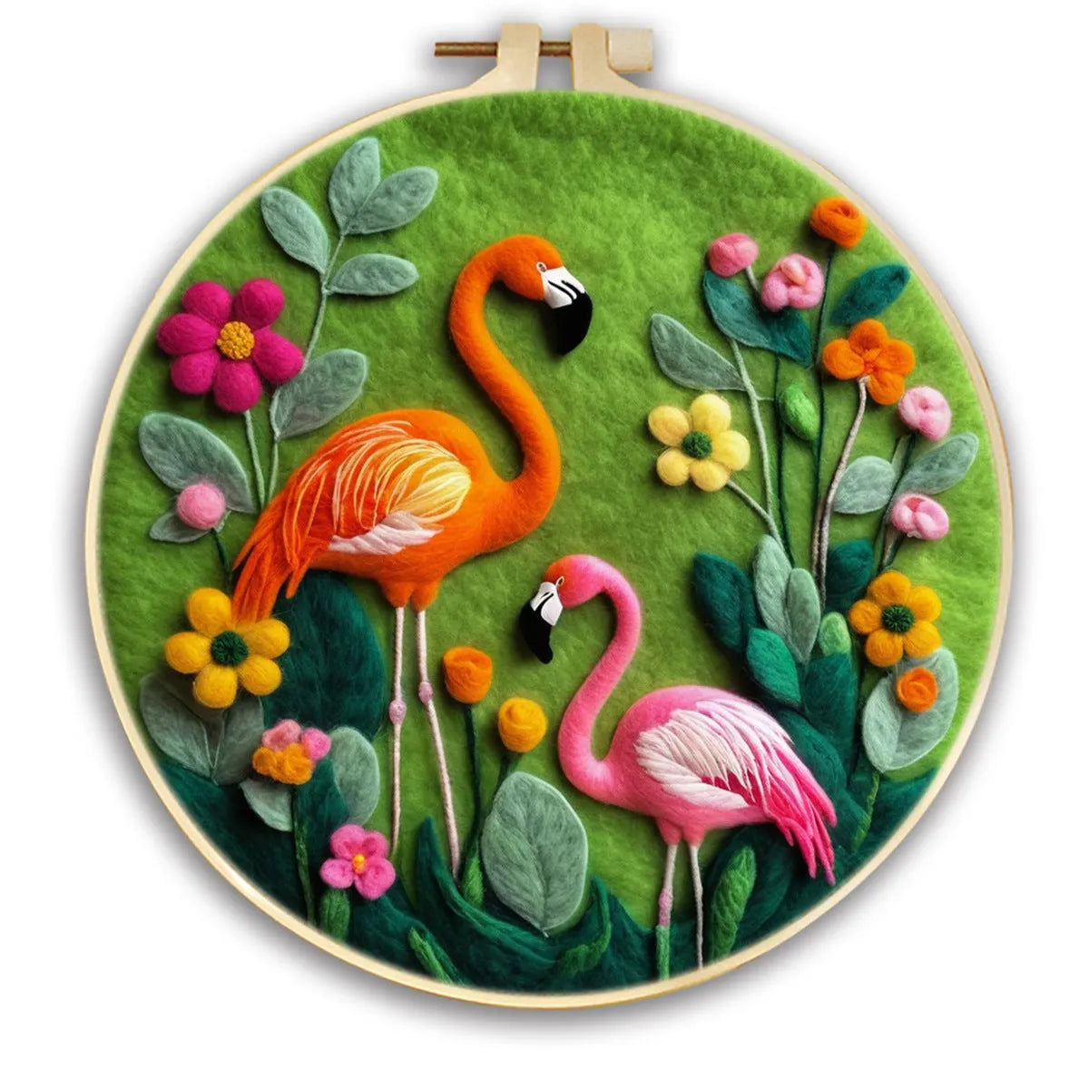 Round fabric embroidery kit with 20x20cm linen frame and wool felt for three-dimensional floral artwork