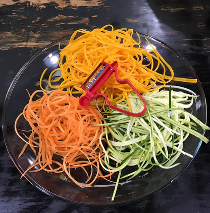 Stainless steel vegetable peeler set with black, blue, red handles and dual swivel blades