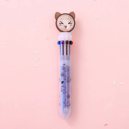 0.5mm ten-colour push pen with cute cat design showing 15cm length