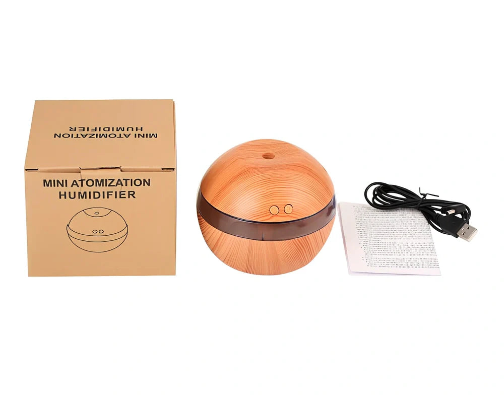 White ABS essential oil diffuser measuring 110x110x90mm with 300ml water capacity and USB power connection
