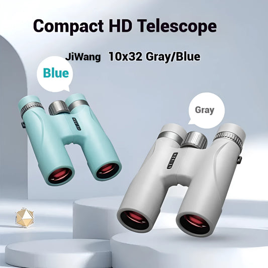 Blue 10x32 binoculars with wine red film imaging showing compact plastic construction