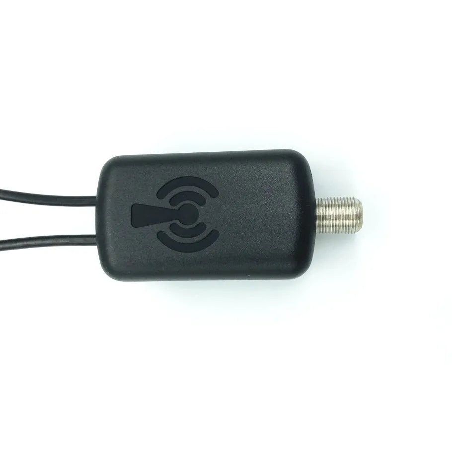 Low noise TV antenna amplifier with 75 ohm impedance and DVB frequency range, inline signal booster for HDTV aerial.