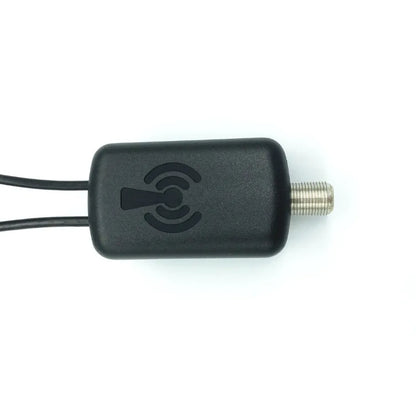 Low noise TV antenna amplifier with 75 ohm impedance and DVB frequency range, inline signal booster for HDTV aerial.