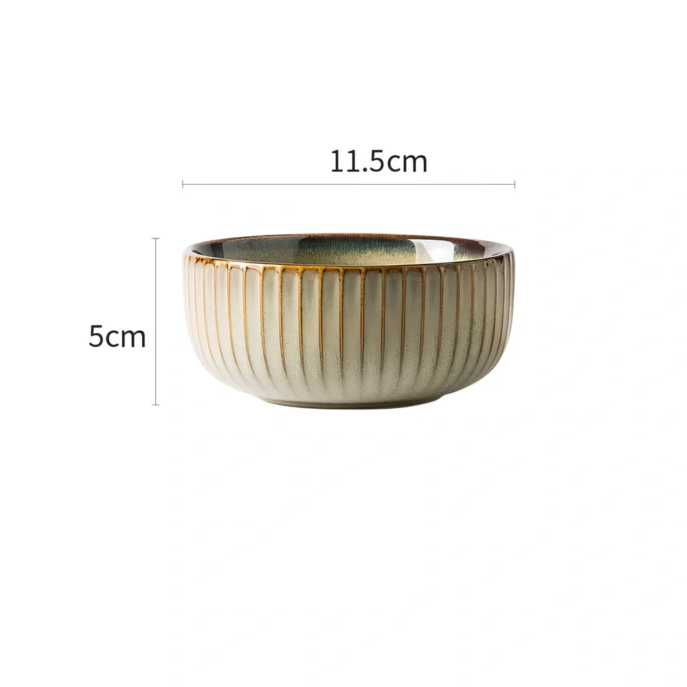 Nordic brown ceramic tableware set with four pieces including rice bowl, noodle bowl and two flat plates
