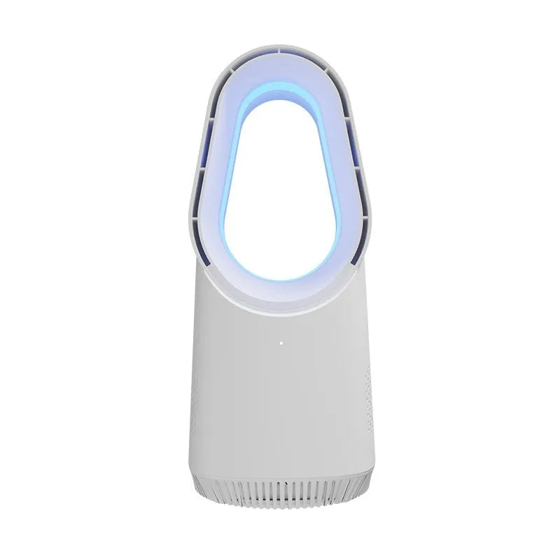 White SK bladeless tower fan with remote control on a wooden desk.
