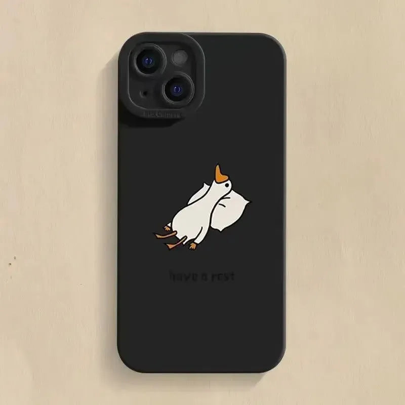 Black silicone iPhone case with a raised carved cartoon duck design on the back.
