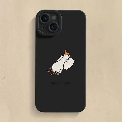 Black silicone iPhone case with a raised carved cartoon duck design on the back.