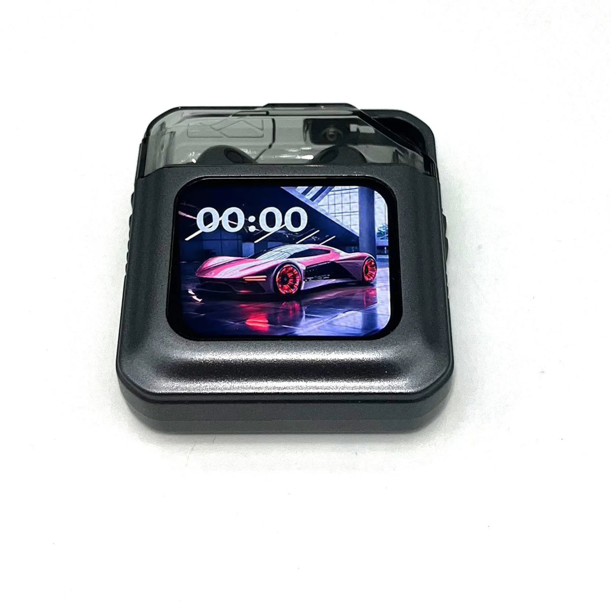 Grey and white Bluetooth headsets with colour display screens and in-ear design