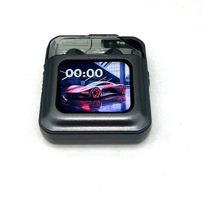Grey and white Bluetooth headsets with colour display screens and in-ear design