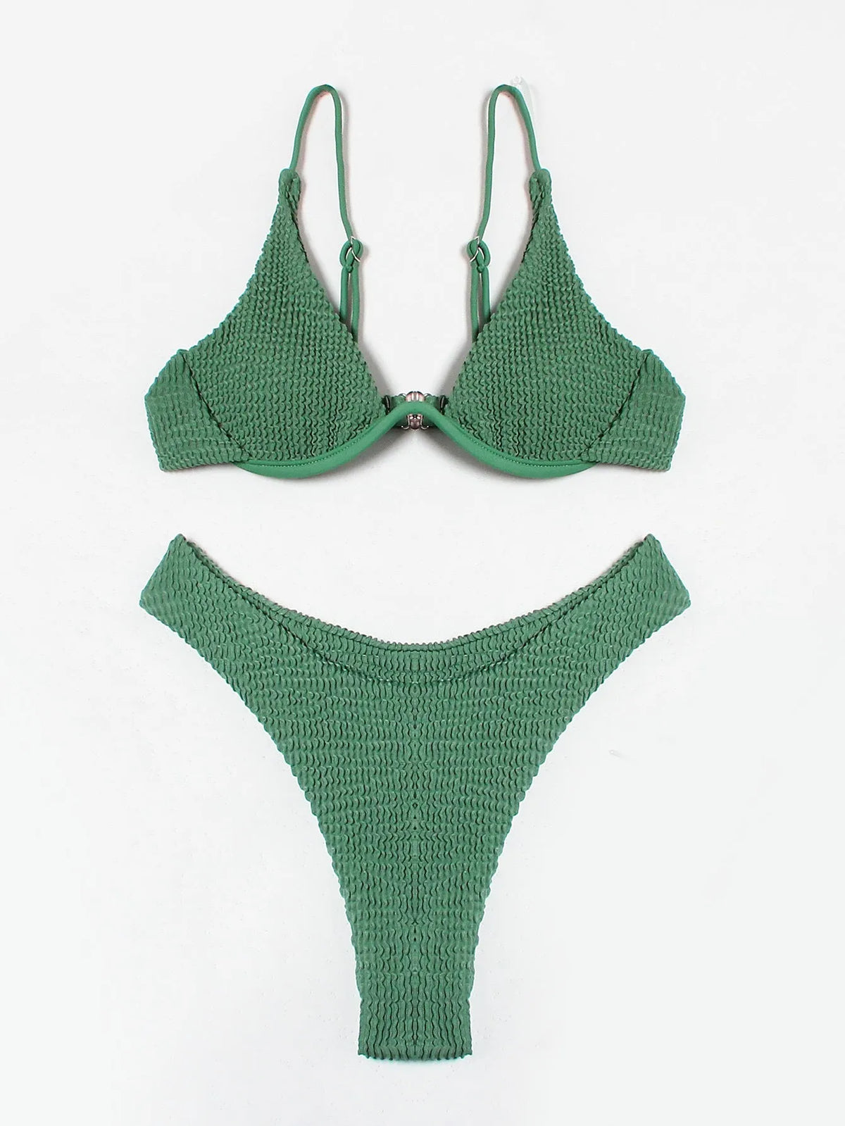 Women's green solid colour ruffle split bikini suit, two-piece polyester swimwear with top and briefs, sizes S M L