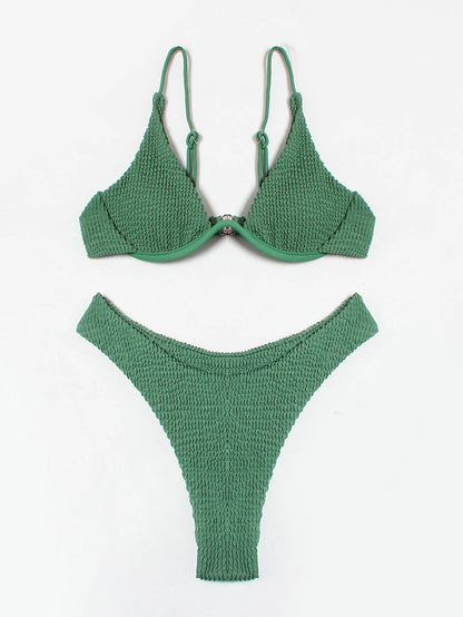 Women's green solid colour ruffle split bikini suit, two-piece polyester swimwear with top and briefs, sizes S M L
