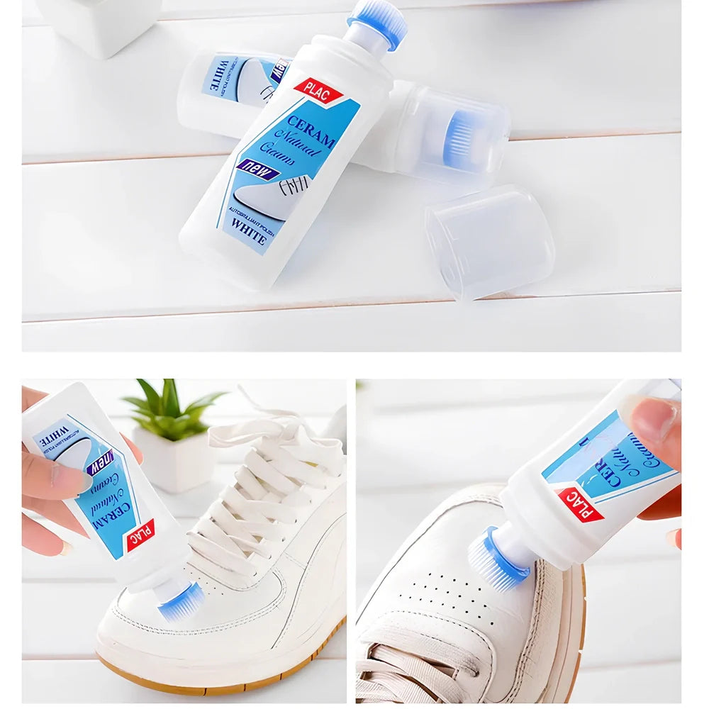 White liquid decontamination shoe cleaner bottle for stain removal and bacterial reduction on footwear