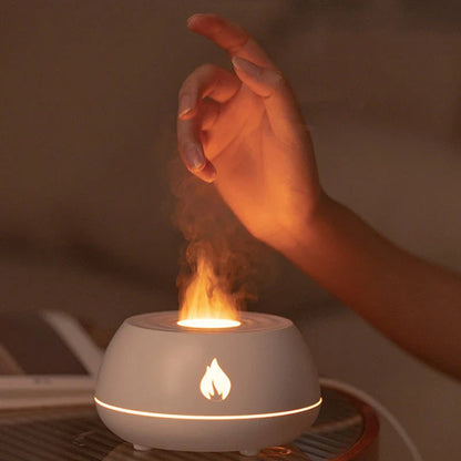 Aromatherapy diffuser with realistic flame-like lighting, color-changing mood lights, and essential oil diffusion capabilities